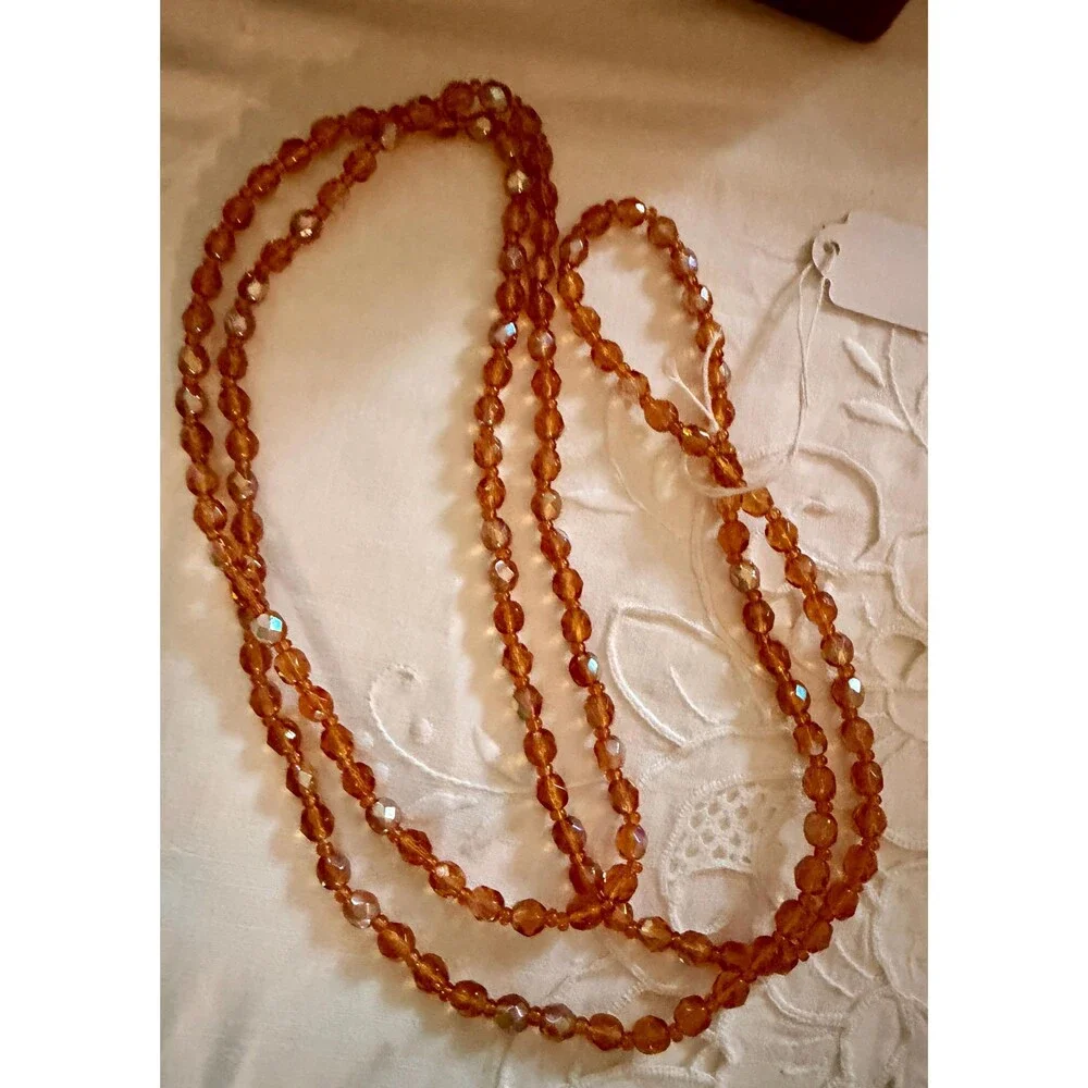 Vintage Amber Aurora Borealis Crystal Bead Necklace | Long Faceted Glass Beads |